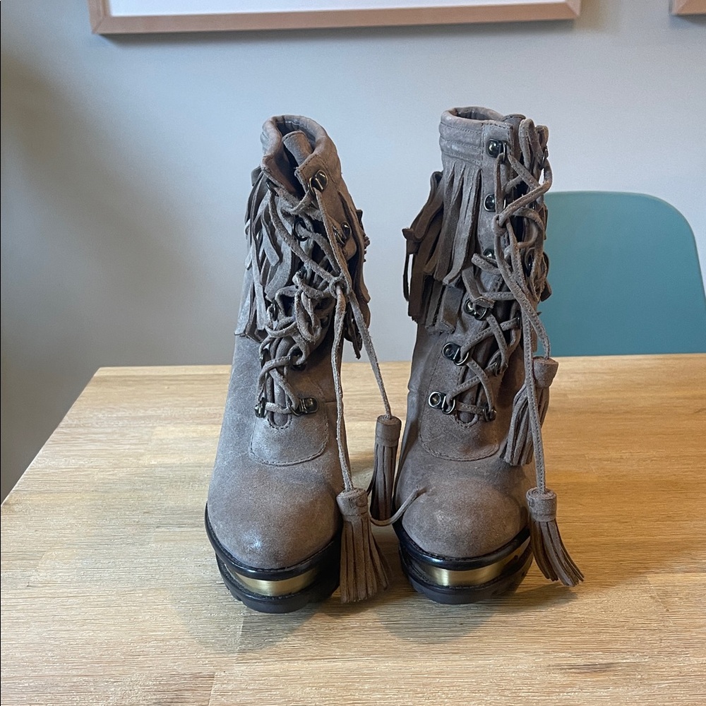 B Brian Atwood Taupe Lace-Up Fringe Boots